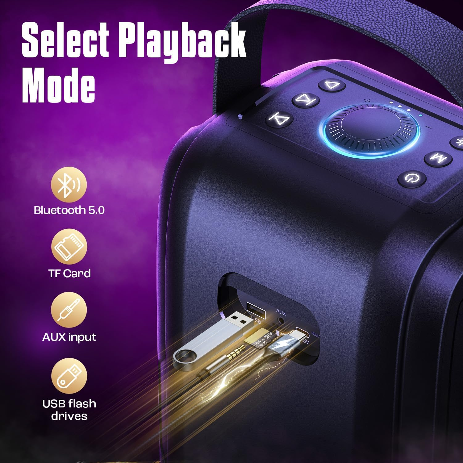 W-KING Loud Bluetooth Speakers with Subwoofer, 80W Party Portable Outdoor Speakers Bluetooth Wireless -Deep Bass, Huge 105Db Sound, Mixed Color Lights, 24H Play, AUX, USB Play, TF Card, Non-Waterproof image number 4