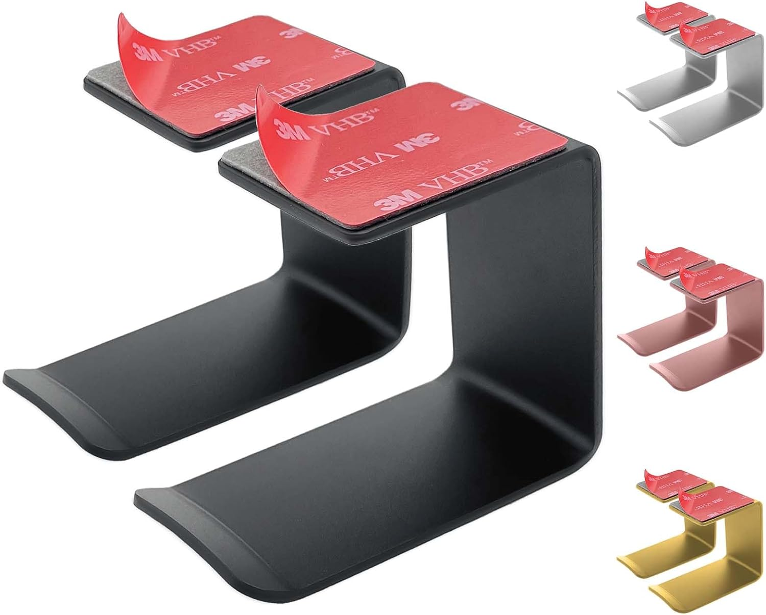 Aluminum Under-Desk Headphone Hook 2 Pack, with Strong Adhesive VHB Tape, Holds 5 Lbs (Black)