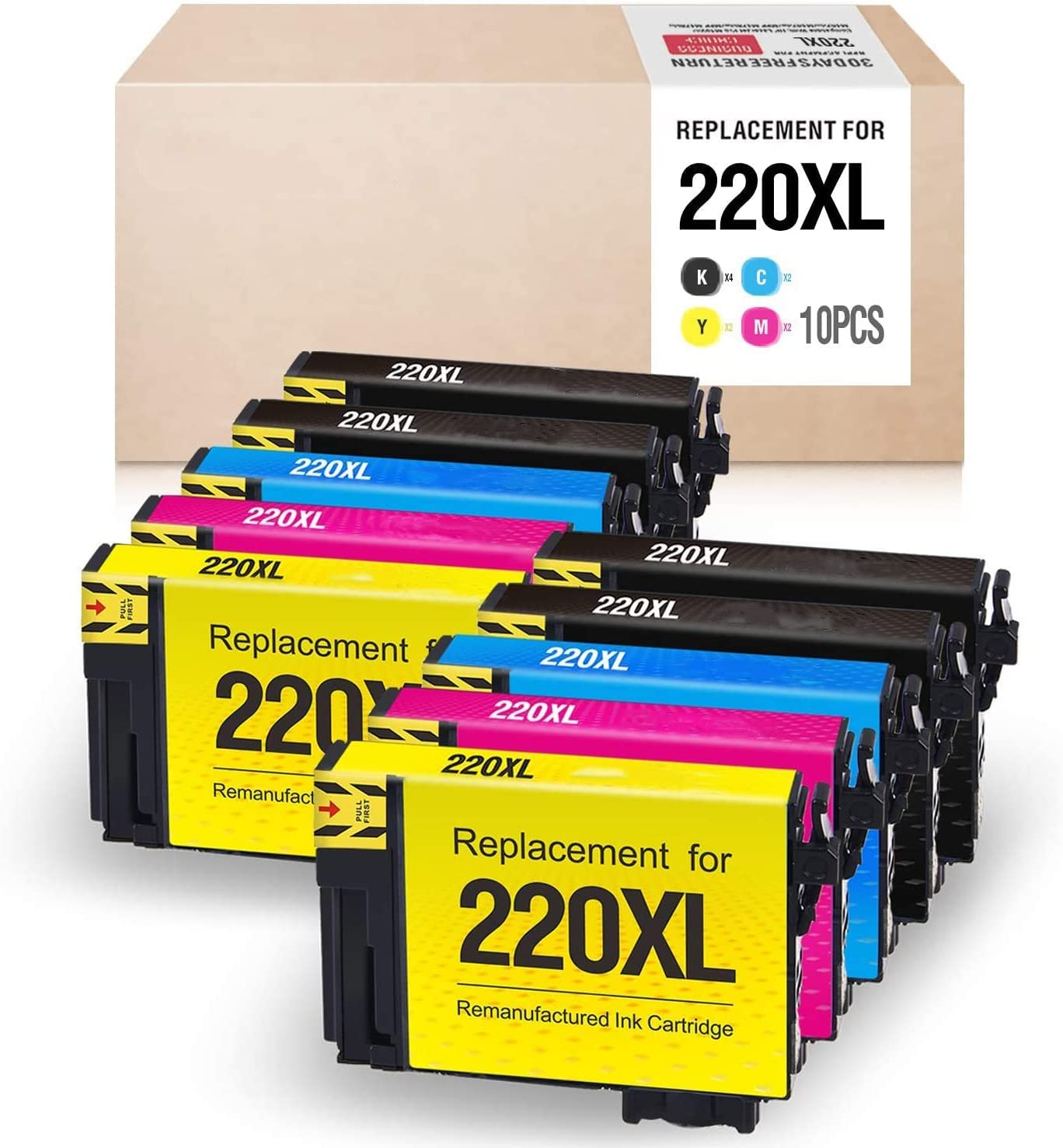10 Pack Generic 220XL Ink Cartridge Compatible with Epson Workforce WF-2760 WF-2750 WF-2630 WF-2650 WF-2660 Expression Home XP-320 XP-420 XP-220 XP-324（4BK.2C,2M,2Y image number 2