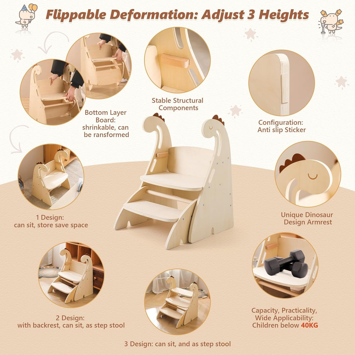 Promise Babe Toddler Step Stool, Adjustable 3 Step Stool for Kids, Toilet Potty Training Stool with Handles, Child Kitchen Counter Stool Helper Cute Wooden Ladder with Non-Slip Mat - Elephant image number 6