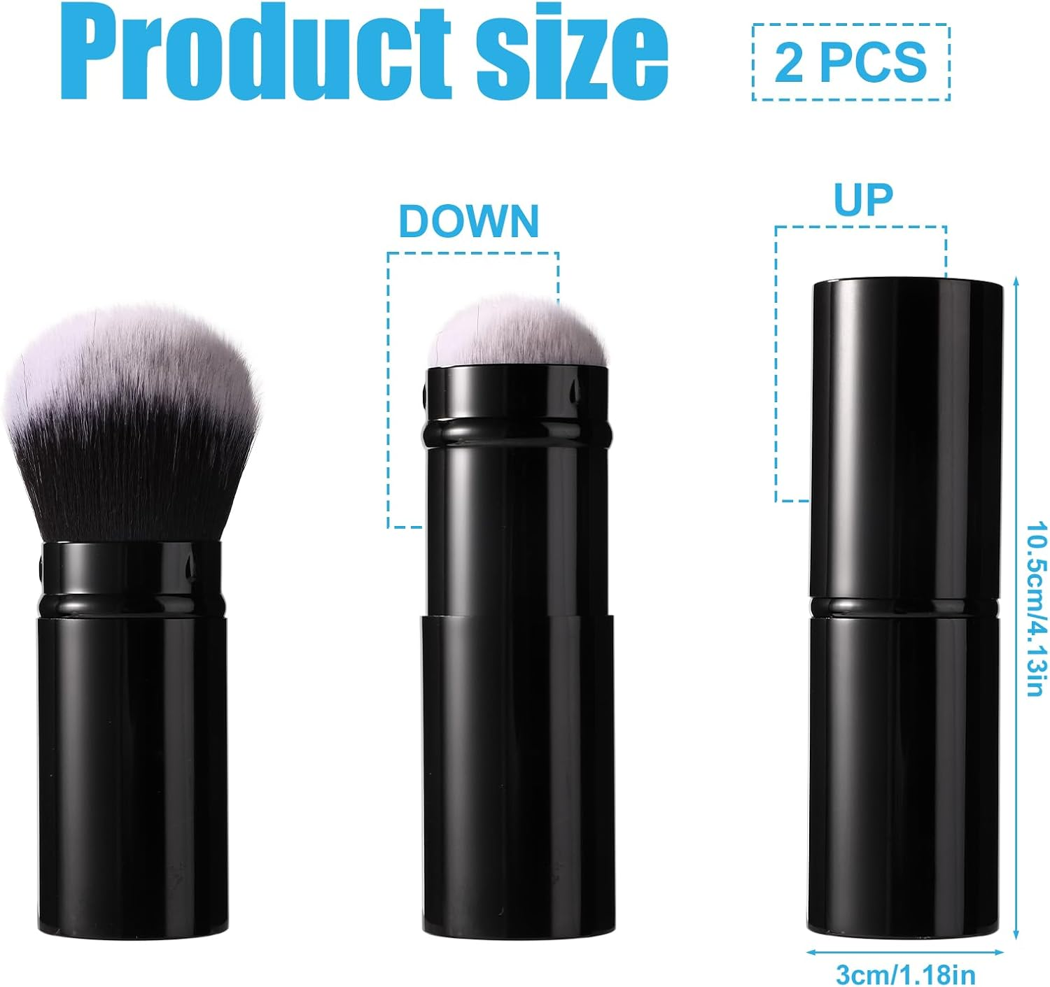 2Pcs Travel Face Blush Brush, Retractable Makeup Brush Portable Powder Foundation Sunscreen Brush Black and White Hair (Flat Head + round Head) image number 5