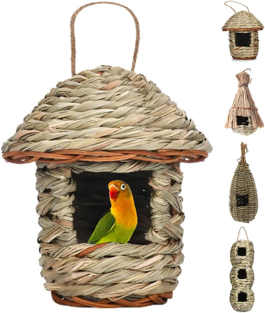 Qttie Hand-Woven Teardrop Shaped Eco-Friendly Birds Cages Nest Roosting,Grass Bird Hut,Hanging Bird House,Cozy Resting Place,100% Natural Fiber,Provides Shelter from Cold Weather (Treehouse Shape) image number 3