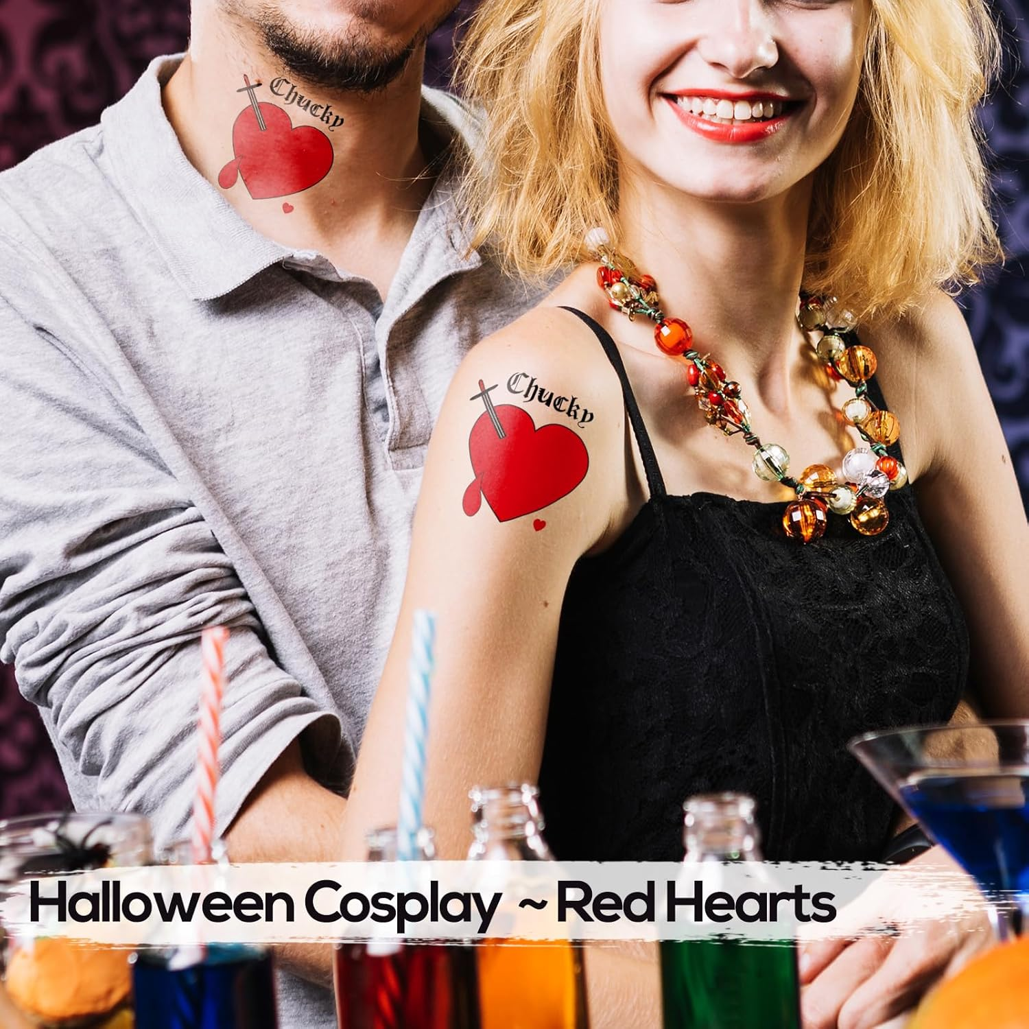 Bride of Chucky Heart Temporary Tattoos, 7-Pack Chucky Heart Tattoo Stickers, Perfect for Halloween Costume Parties and Cosplay image number 3