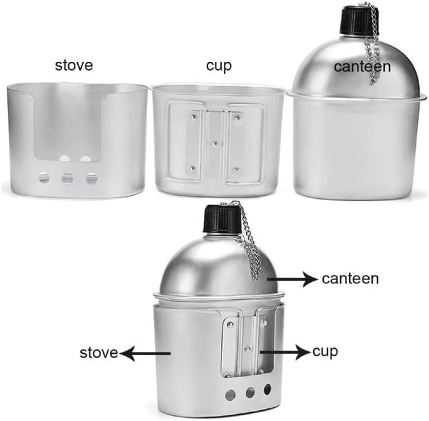 Military Canteen Set of 4, Canteen Cup Stove Pouch Kit, Multi-Functional Water Bottle, Portable Aluminum Cookware Kit, for Outdoor Camping Survival Hiking Backpacking image number 1