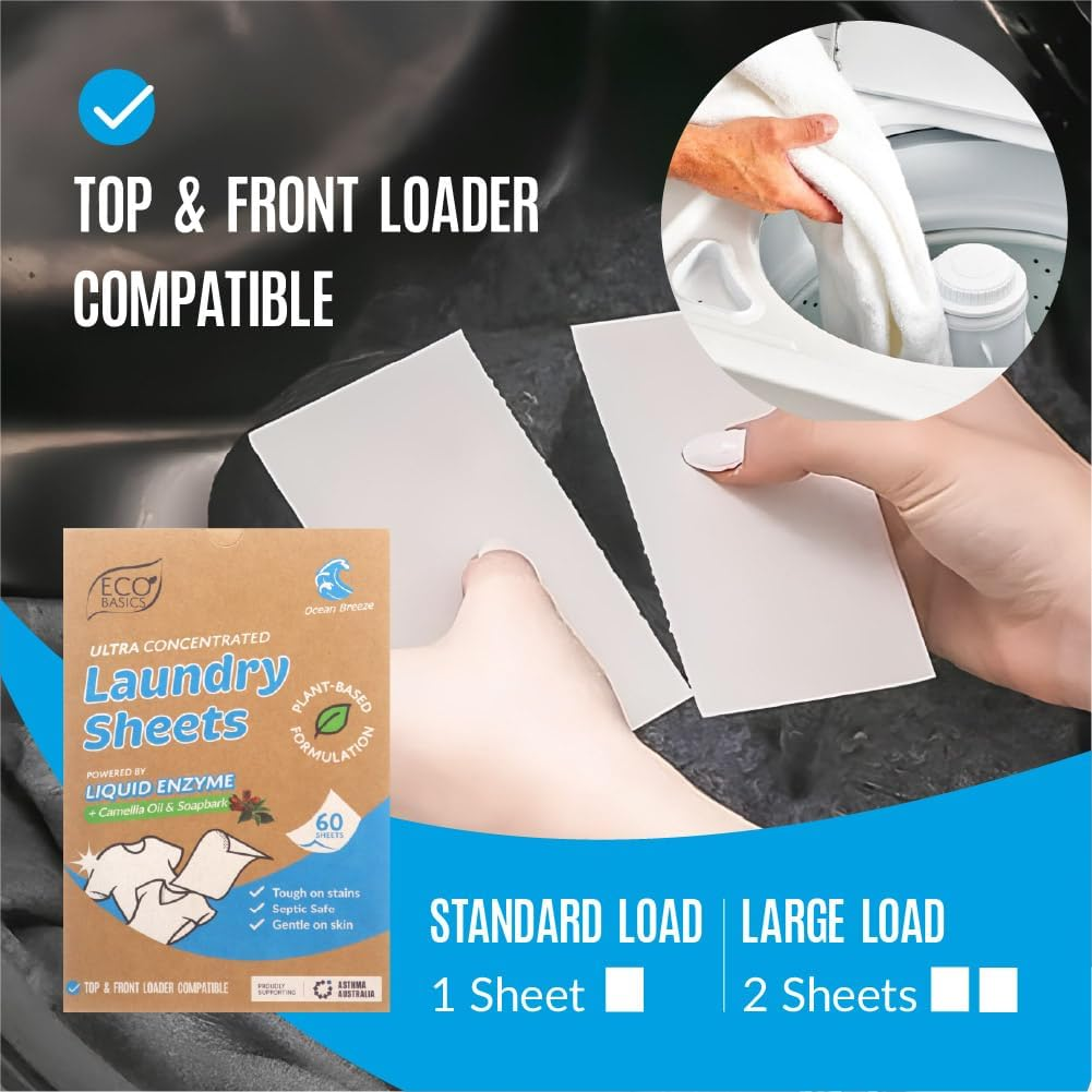 Eco Basics Ultra Concentrated Laundry Detergent Sheets - Ocean Breeze (60 Sheets) Plant-Based Liquid Enzyme, Sensitive Skin Safe &ndash; Plastic-Free, Septic Safe, Tough on Stain image number 6