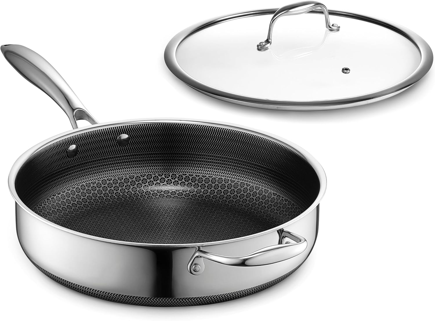 Hexclad Hybrid Nonstick 5.5-Litre Deep Saut&eacute; Pan with Tempered Glass Lid, Stay-Cool Handle, Dishwasher-Friendly, Oven-Safe up to 480&deg;C, Induction Ready, Compatible with All Cooktops image number 1