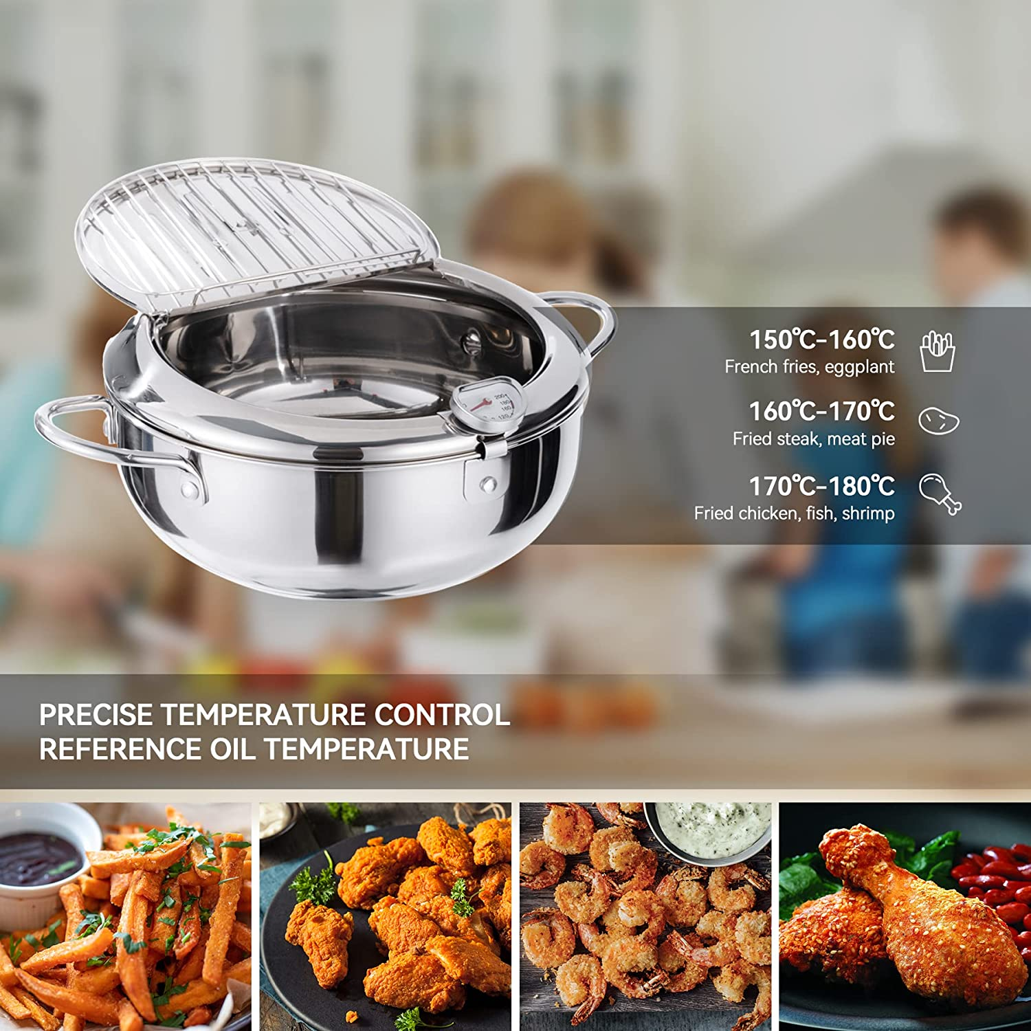 Kerilyn Deep Fryer Pot, 11 Inch/4.2 L Janpanese Style Tempura Frying Pot with Lid, 304 Stainless Steel with Temperature Control and Oil Drip Drainer Rack, for Kitchen French Fries, Chicken Etc image number 1