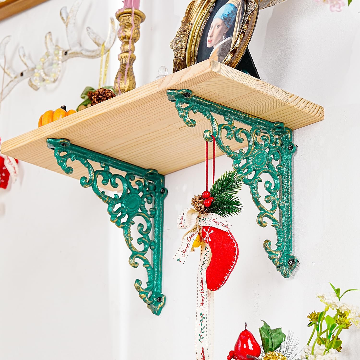 Sungmor Vintage Cast Iron Shelf Brackets - Ornate Decorative Corner Shelf Supports, 2 Pack Garden Wall Hanging Bracket - 7.7 Inch Rustic Green Metal Corbels with Scroll Design, Indoor Outdoor Use image number 1