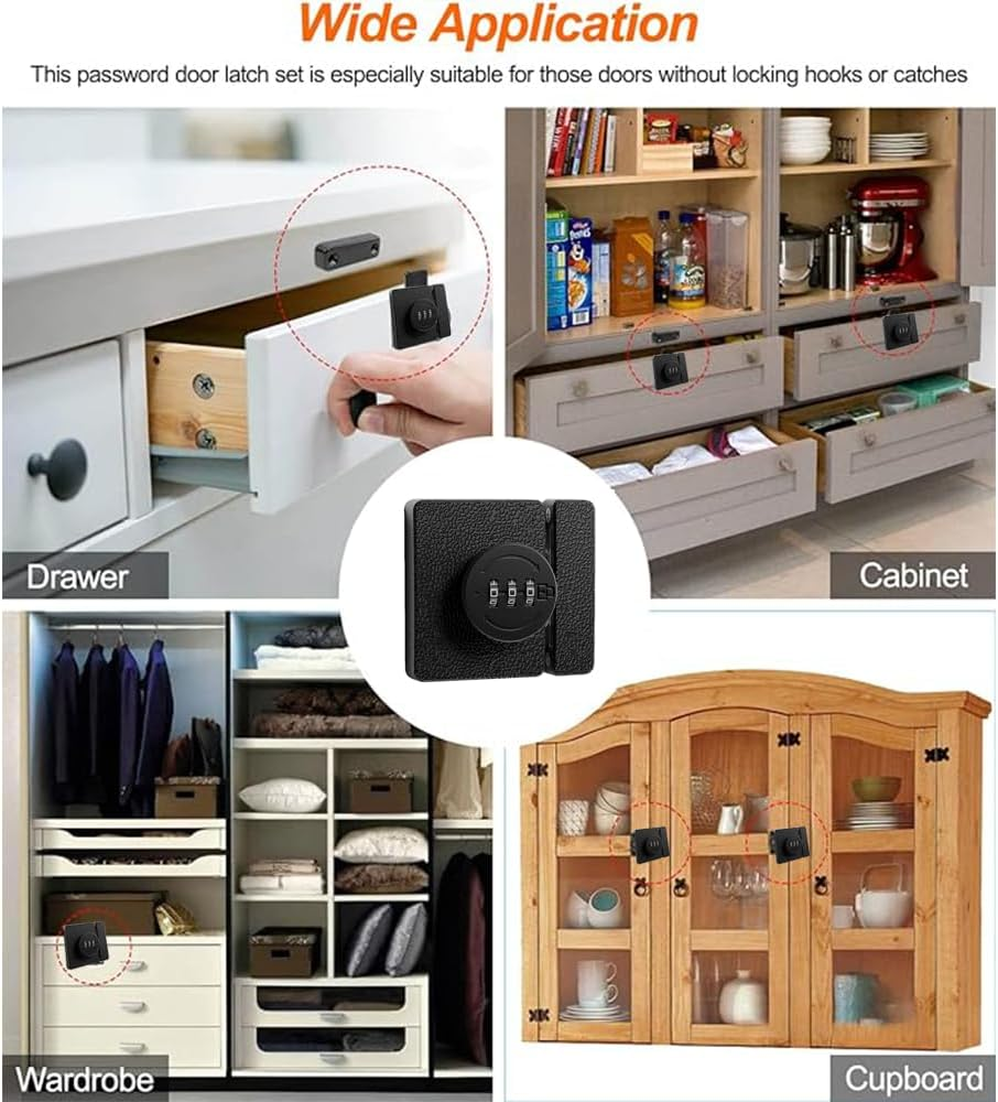Black Keyless Combination Cabinet Lock, Anti-Pry 3-Digit Security for Swinging/Sliding Door, Bedroom, Office,Locker, Closet, Child Safety, Easy Installation image number 4