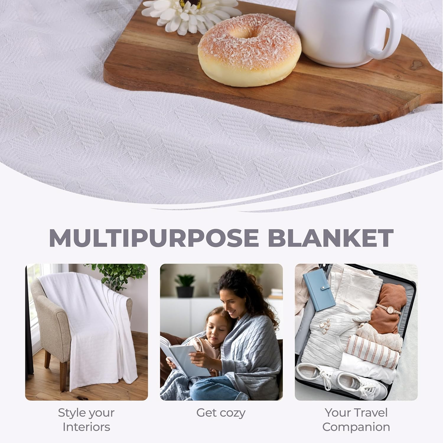 Superior 100% Cotton Thermal Blanket, Soft and Breathable Cotton for All Seasons, Bed Blanket and Oversized Throw Blanket with Luxurious Basket Weave Pattern - King Size, White image number 3
