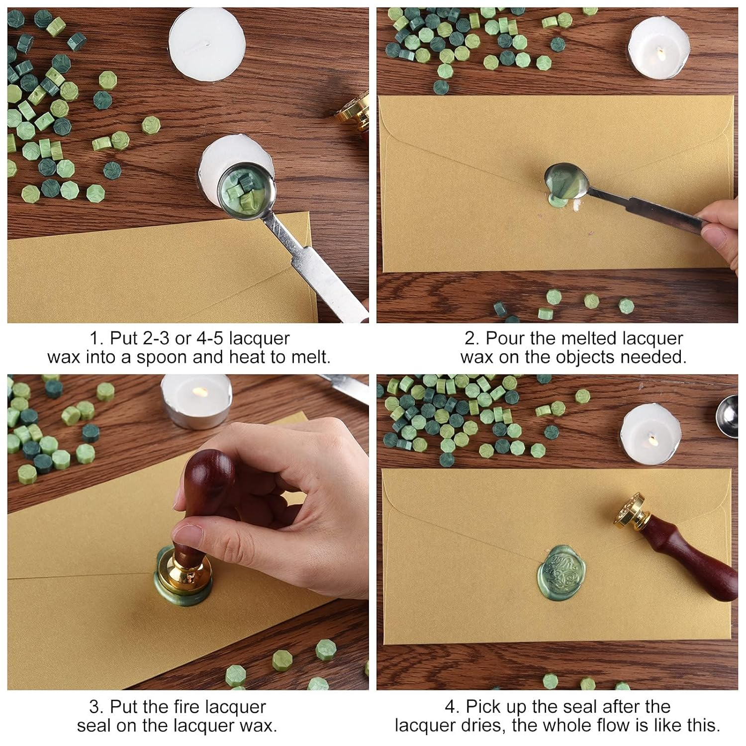 300 Pcs Octagon Sealing Wax Beads with 3 Pcs Tea Candles and 1 Pcs Wax Melting Spoon for Wax Stamp Sealing (Green Mix) image number 4