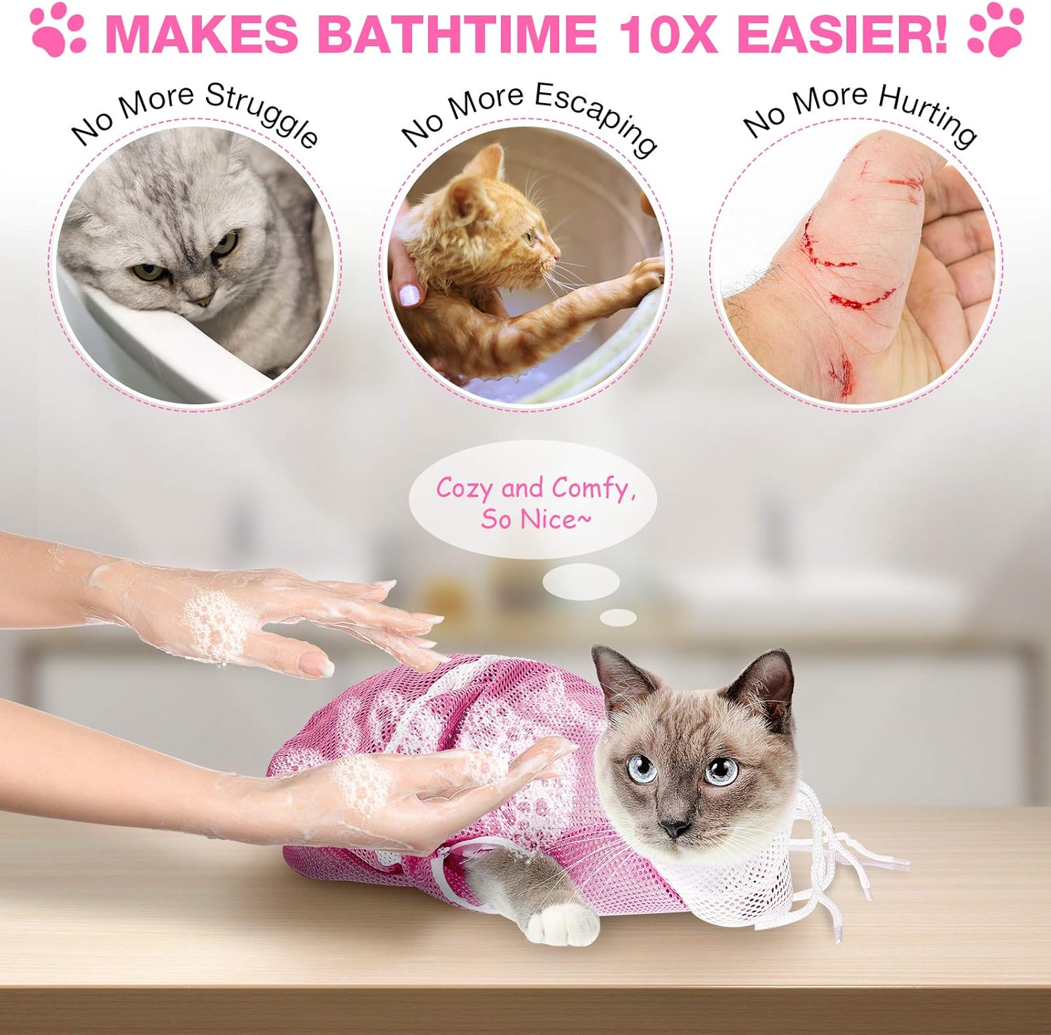 Cat Shower Net Bag Grooming Bathing Adjustable Washing Bag Multifunctional Cat Restraint Accessories Prevent Biting Scratching, Nail Trimming, Ears Clean, Keeping Calm(Pink) - Grey image number 6