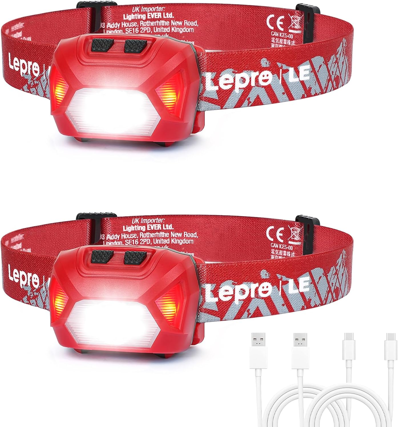 Lepro Head Torch Rechargeable, Super Bright Waterproof LED Headlamp with Red Warning Lights, 6 Lighting Modes, Long Runtime Headlight for Kids & Adults for Running Fishing(2 Pack)