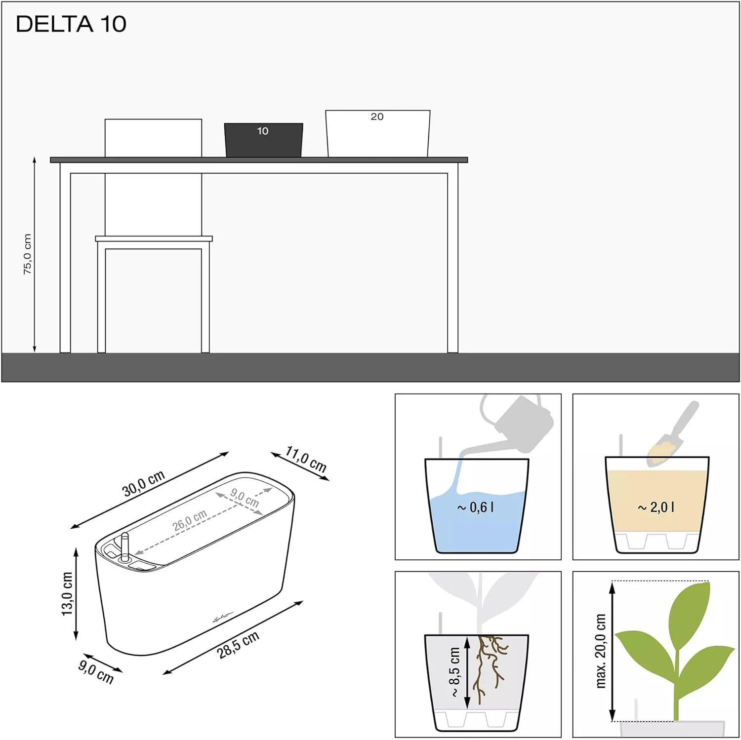 Lechuza Delta 10 Self Watering Plant Pot, White High Gloss, 30 Cm image number 4