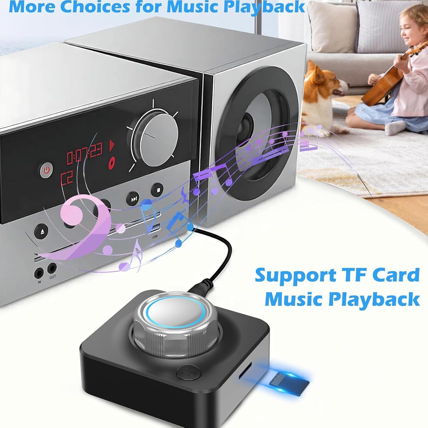 Bluetooth Receiver for Home Stereo, Audio Transmitter Receiver MP3 Player, RCA Hifi Music Adapter with 3D Surround Low Latency, for Old Speakers/Car Stereo, Support TF Card/3.5Mm Auxiliary image number 3