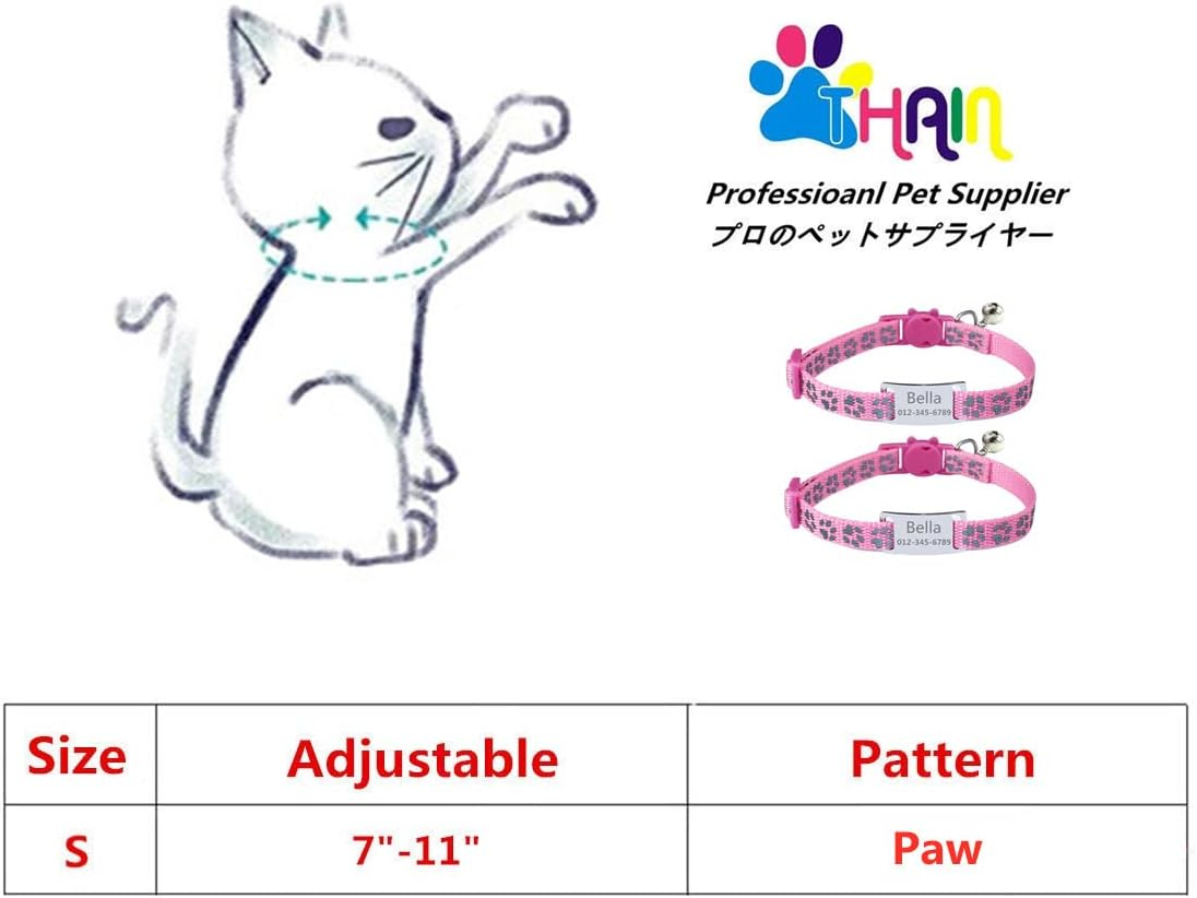 THAIN Personalized Cat Collar with Name Tag Engraved Custom Cat Id Tag Slide-On Reflective Cat Collar Breakaway with Bell for Girls & Boys,2 Pack(Paw Print Pink+Paw Print Pink) image number 3