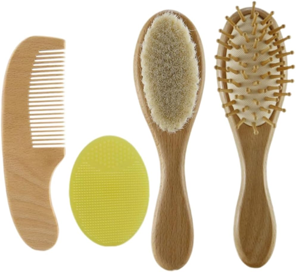 Baby Hair Brush Toddler Comb Set Wooden Goat Bristles Bath Brush Shower Scalp Massager Tool Baby Set 4PCS image number 5