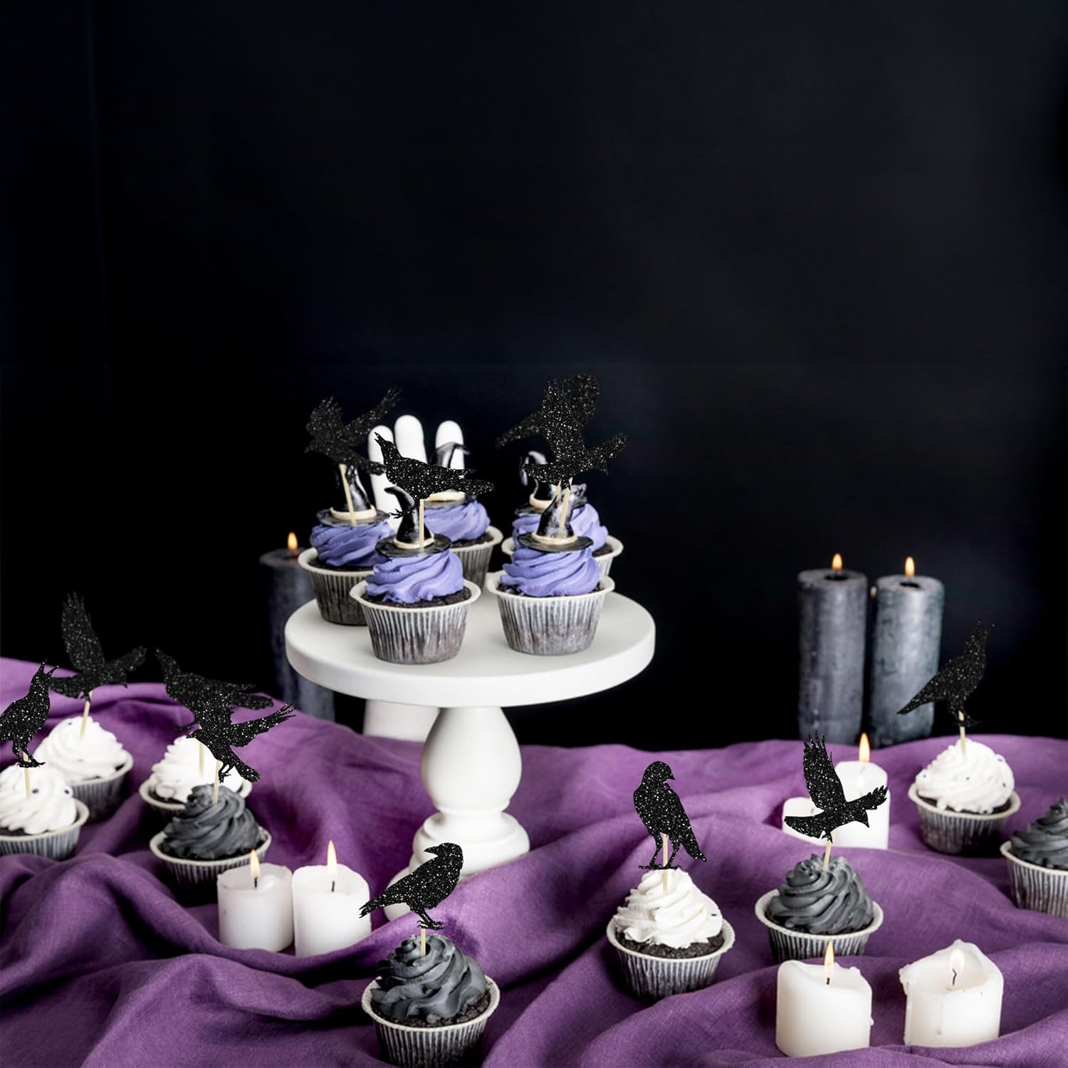 24Pcs Black Crow Cupcake Toppers Glitter Raven Halloween Cupcake Picks for Horror Crow Halloween Theme Birthday Party Cake Decorations Supplies image number 1