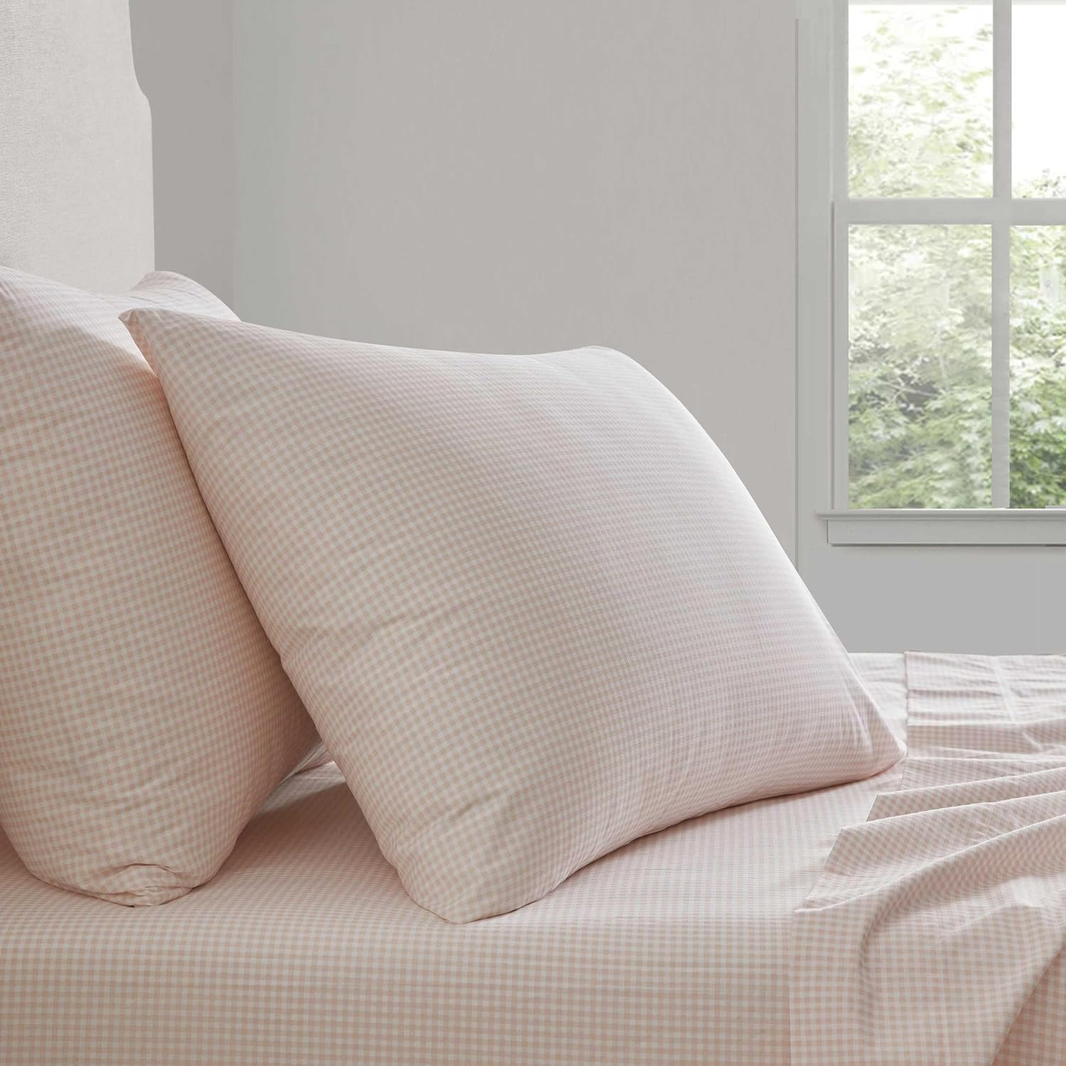 Martha Stewart - Queen Size Sheets Set, Crisp & Tailored Cooling Sheets W/A Naturally Smooth Cotton Percale Lightweight Feel - Bed Sheets with Matching Pillowcases & Fitted Sheet (Small Gingham Pink) image number 6