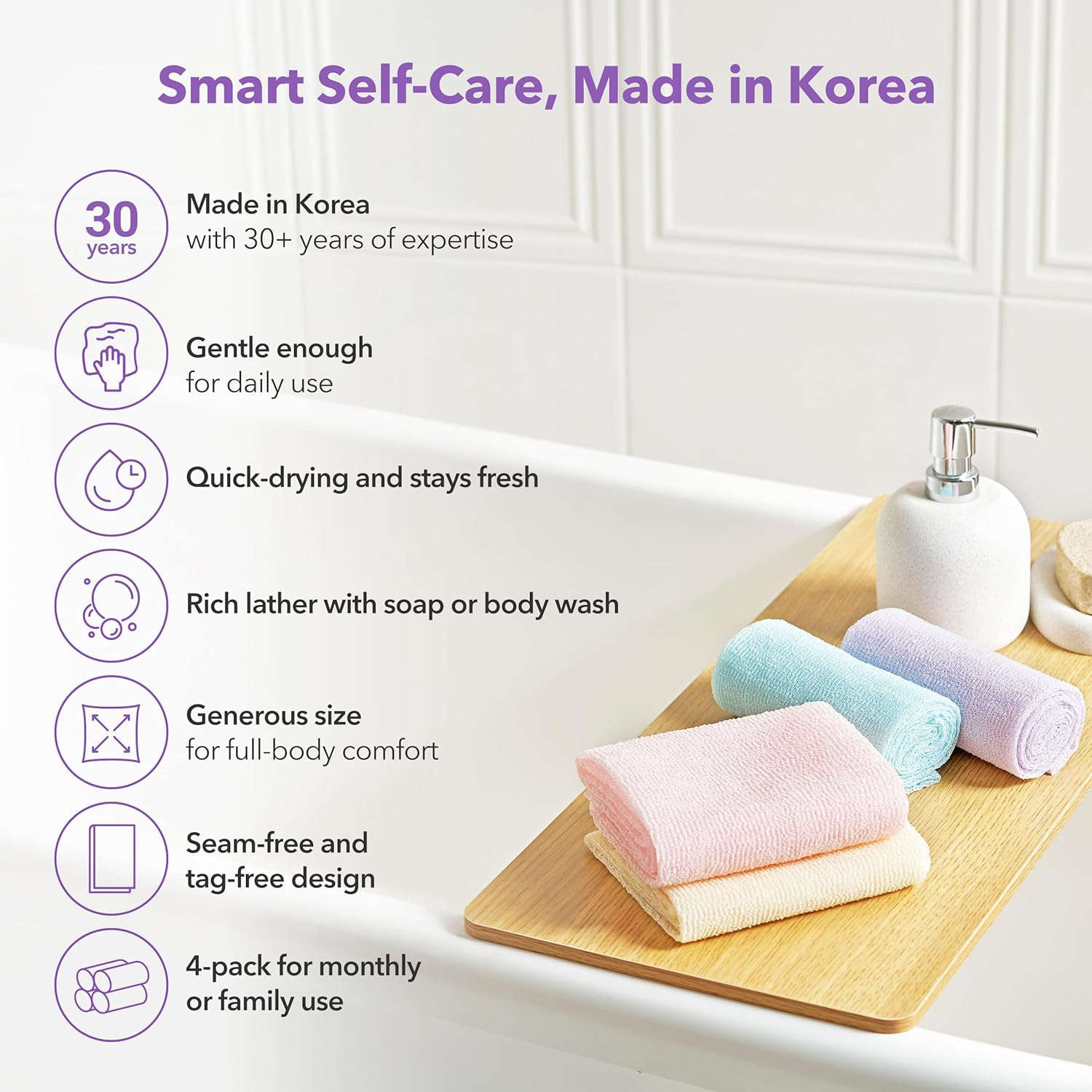Bubblyme Korean Exfoliating Washcloths 4 Pack Body Scrubber Towels for Shower, Daily Deep Clean & Glowing Skin, Quick-Dry image number 4