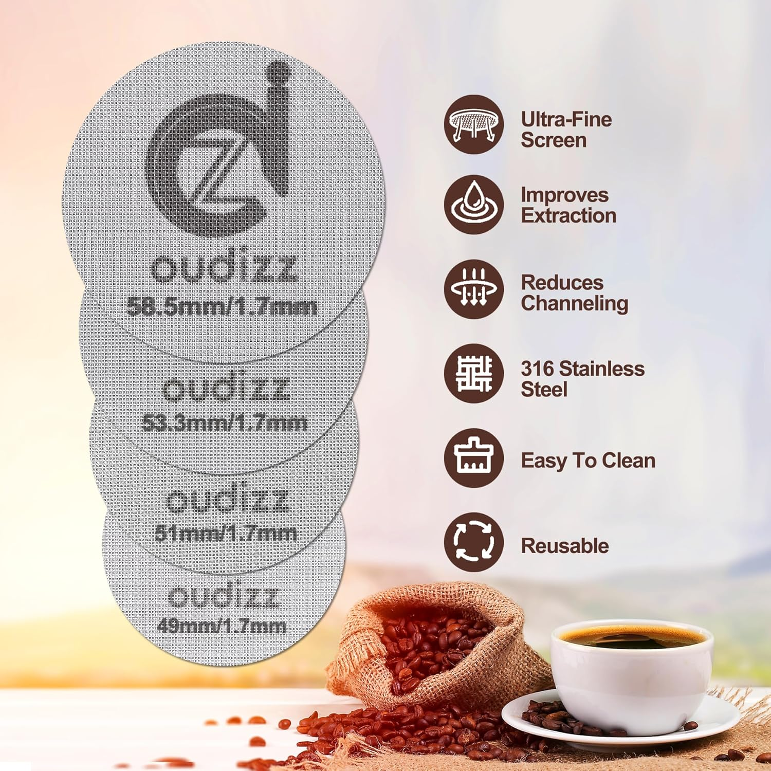 58.5Mm Puck Screen, Reusable Coffee Filters for Espresso Portafilter Basket 58Mm, Screen with Coffee Spoon & Stand, Accessories, 1.7Mm Thickness 150&Mu;m 316 Stainless Steel - 51Mm image number 3