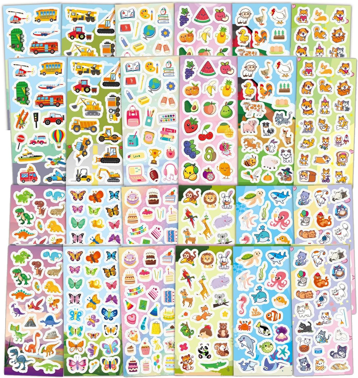 460Pcs Stickers for Kids, 24 Sheets Mixed Water Bottle Vinyl Stickers Pack for Kids with Cute Animals, Cars,Excavator,Stationery, Fruit, Poultry, Dog, Dinosaur, Butterfly, Cake, Ocean, Cat Sticker image number 1