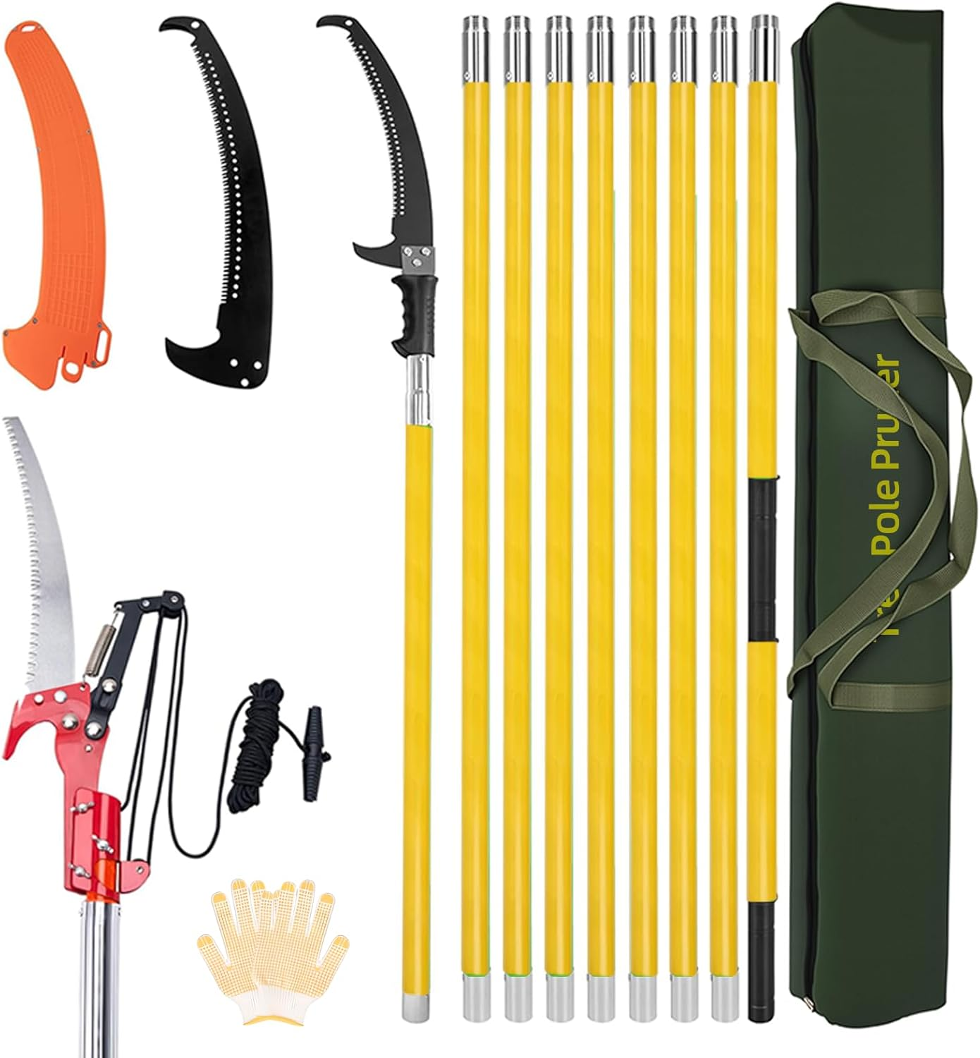 9M Manual Pole Pruner Saw for Tree Trimming, Extendable Tree Pole Pruner, Sharp Steel Blade and Scissors, High Branch Trimmer with Lightweight 9 Fiberglass Handles, for Pruning Palms and Shrubs -Green