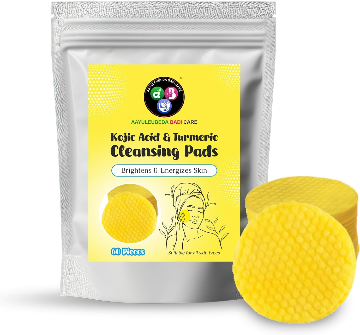 ABC Kojic Acid & Turmeric Cleansing Pads for Dark Spots, Turmeric Kojic Acid Cleansing Pads Helps Fade Spot, Face Cleansings & Exfoliating Pad, (60 Pieces) image number 2