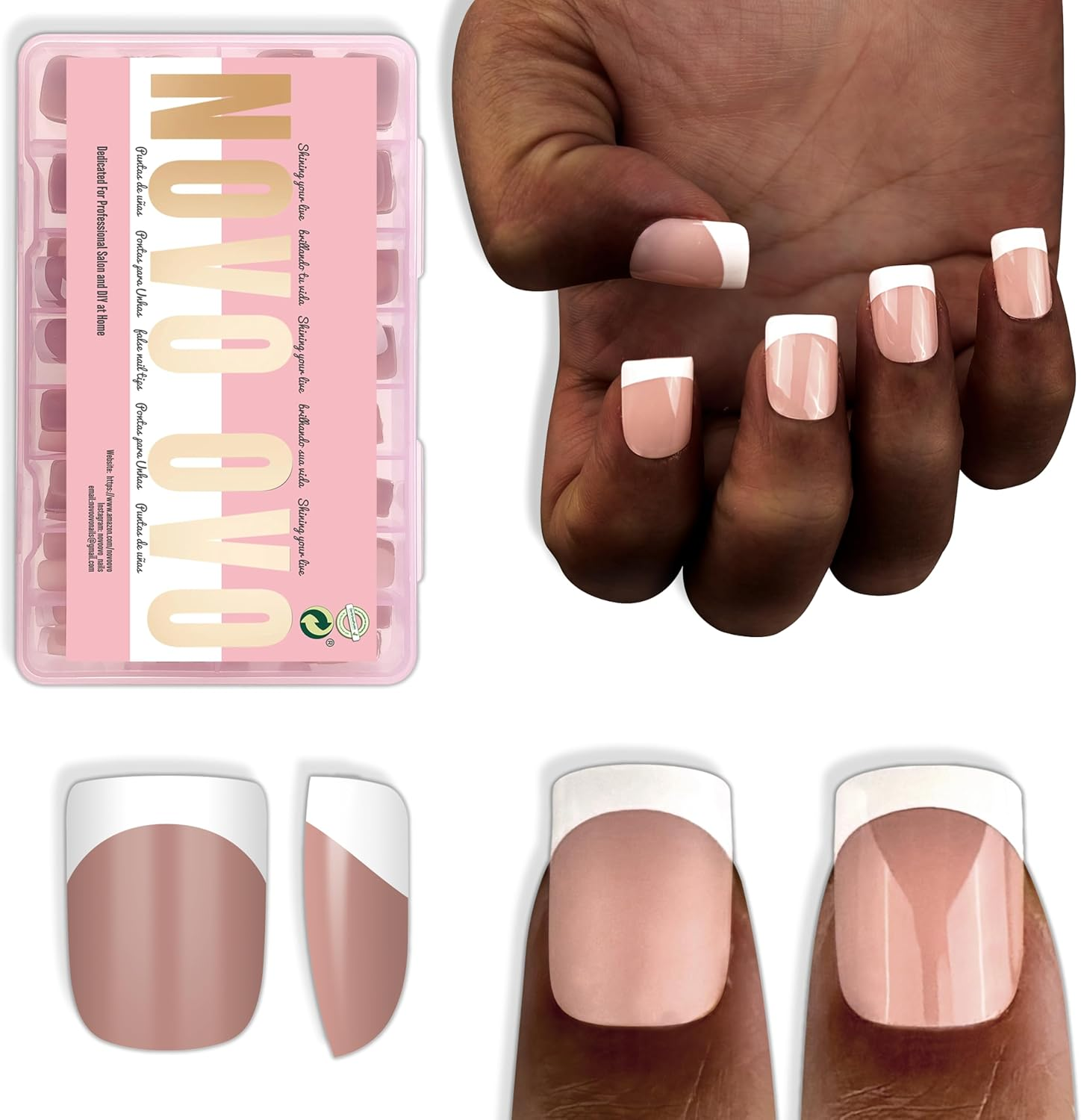 NOVO OVO Short Sharp Square White French Tip Nail Tips Press on BERRY PINK, Need Builder Gel Top Coat Nail Glue,Soft Gel Fake Nail Extension, Full Cover False Nails for Salon DIY X15 Sizes 240 Pcs