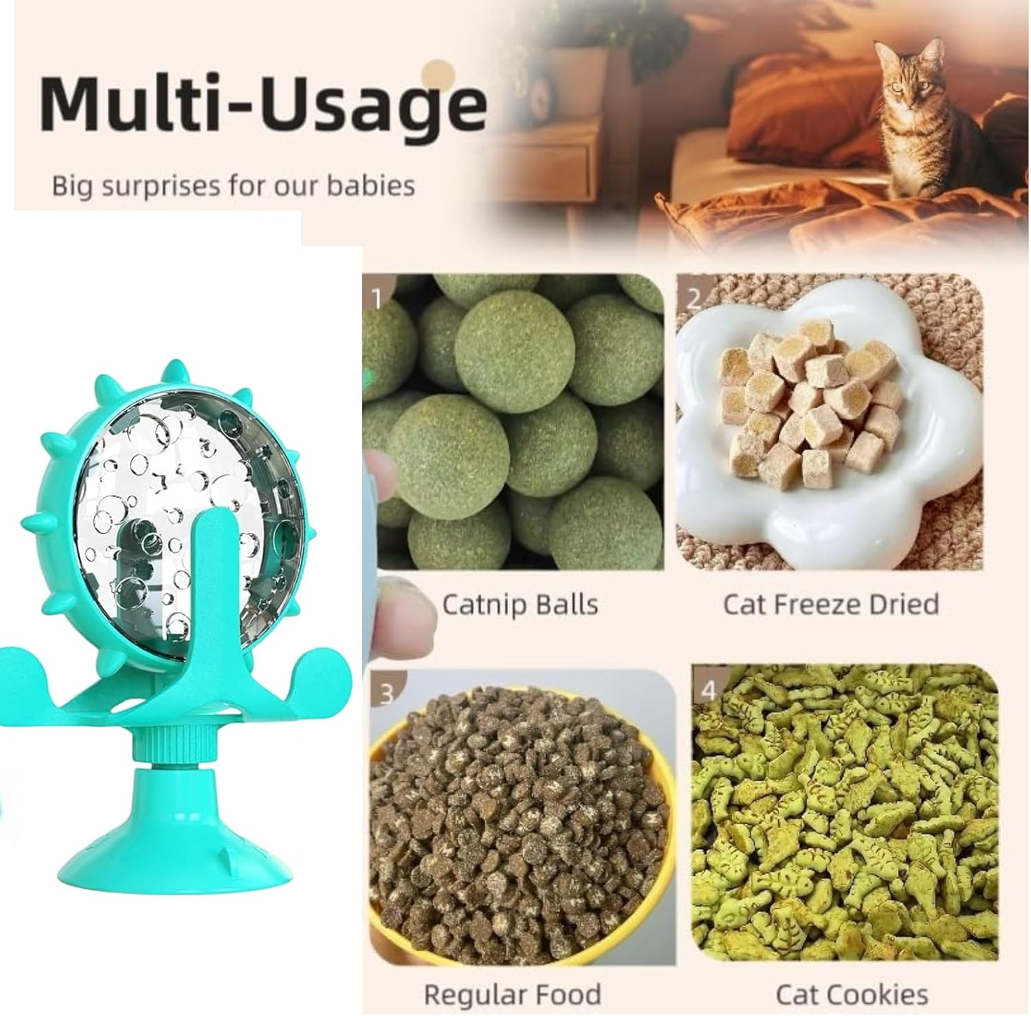 Ckonxeinteractive Cat Food Dispenser Toy, 360&deg; Rotating Windmill Design with Suction Cup， for IQ Training, Mental Stimulation, Relieve Boredom, Feeding Pet Supplies Birthday Gift(Lake Blue) image number 2