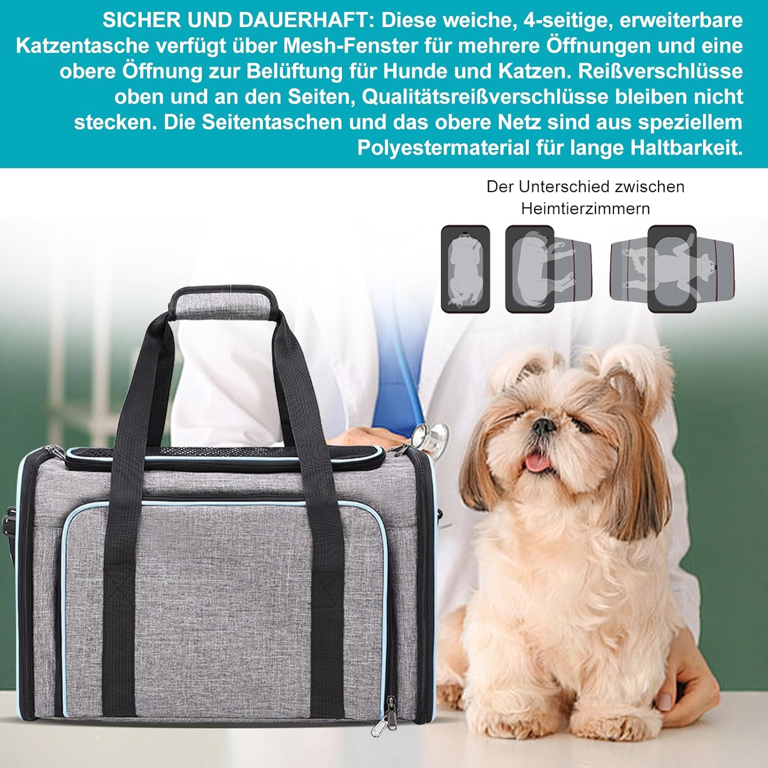 Cat and Dog Transport Bag, Expandable Transport Box, Foldable Carry Bag for Cats, Small Dogs, Cats, Dog Bag, Pet Bag in the Car, Vehicle or Train (Grey + Blue) image number 5