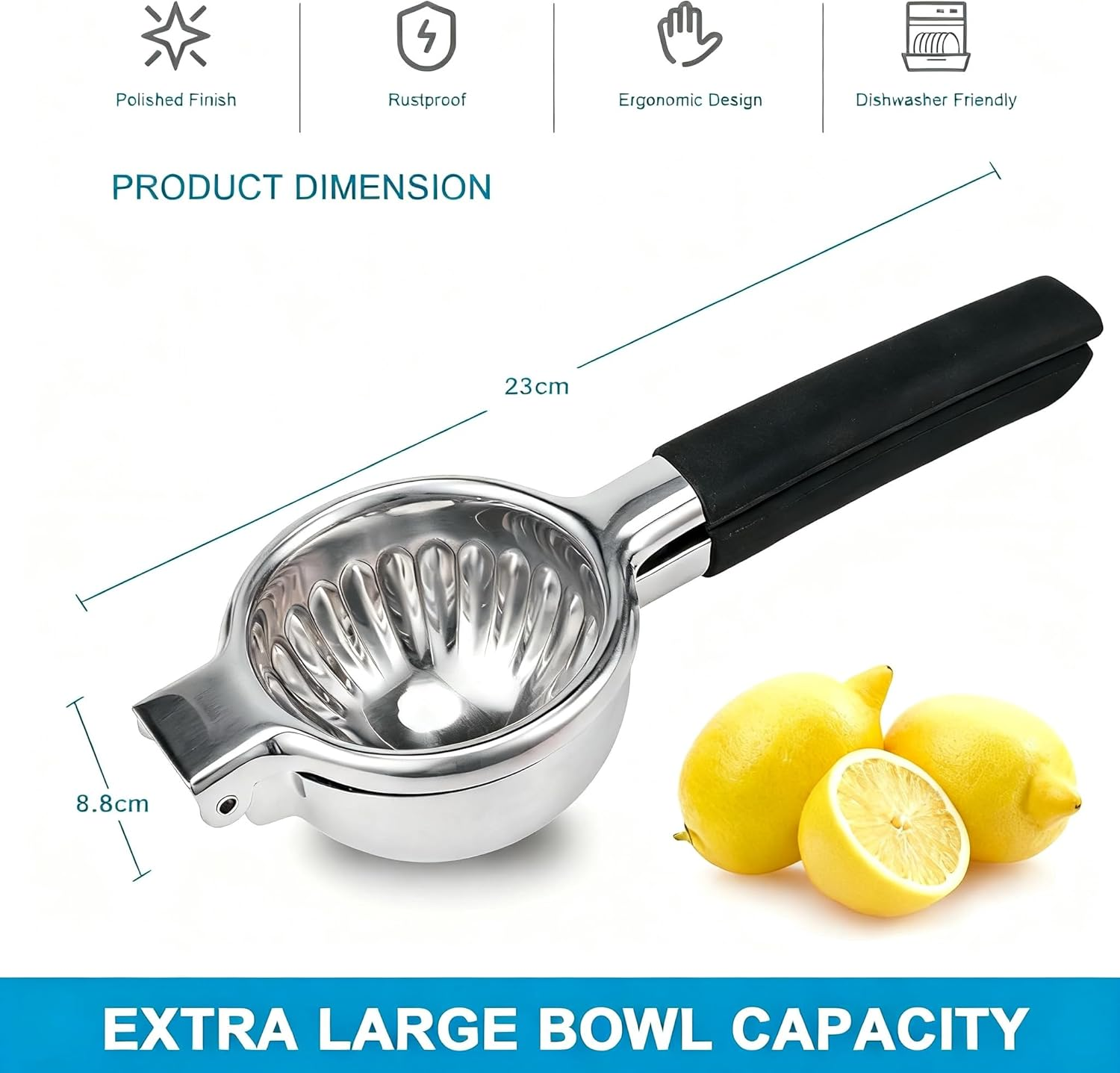 Extra Large Lemon Squeezer Stainless Steel - Easy Squeeze Heavy Duty Manual Lemon Juicer with Non-Slip Silicone Handle - Ergonomic Citrus Squeezer & Fruit Juicer for Small Oranges, Limes