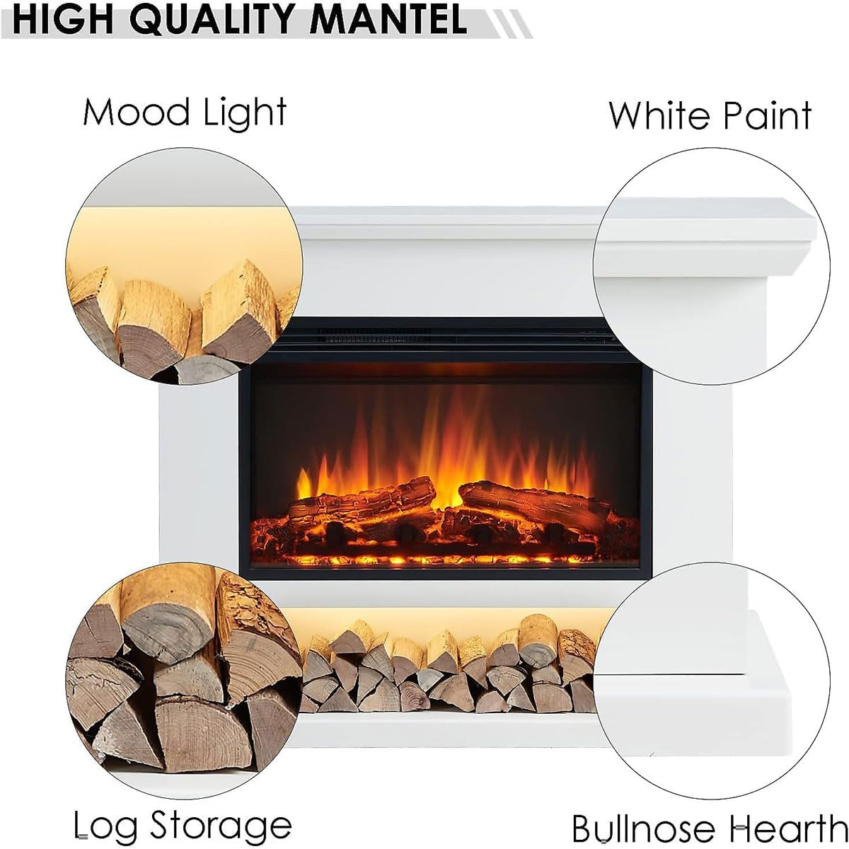 Modaliving Onyx 2000W Electric Fireplace Heater Mantel Suite White Finish Remote Control Timer Adjustable Flame image number 6