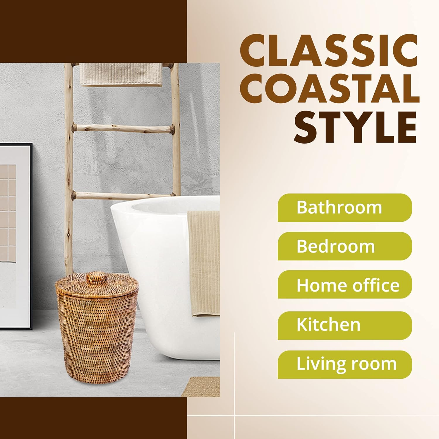 KOUBOO La Jolla Rattan round Waste Basket with Lid & Plastic Insert, 2 Gallon Woven Wastebasket for Bathroom, Kitchen, Office, Living Room, & Home Decor, Honey Brown image number 4