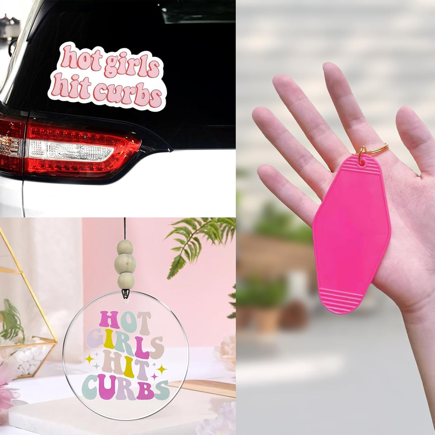 3PCS Hot Girls Hit Curbs Car Sticker & Quote Beaded Rear View Mirror and Pink Keychain, Cute Car Accessories for Genz Ladies Driver, Stickers Fit for Cars and Laptops image number 5