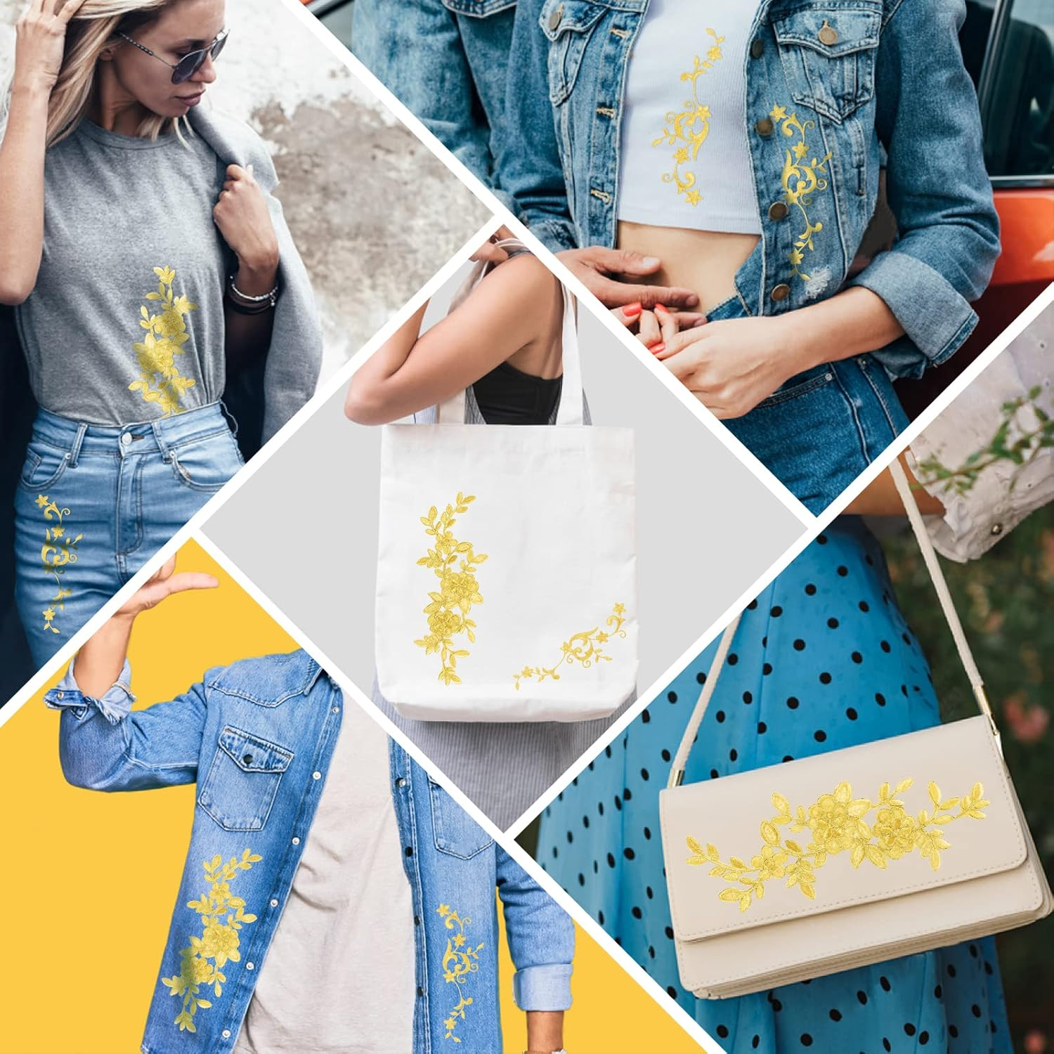 UHOMENY Gold Lace Flower Embroidery Patch, 6 Pieces Blossom Fabric Flower Gold Applique Leaves Vines Iron on Patches Sewing Craft Decoration Lace Appliques for Wedding Prom Dress DIY Clothing Jean image number 5