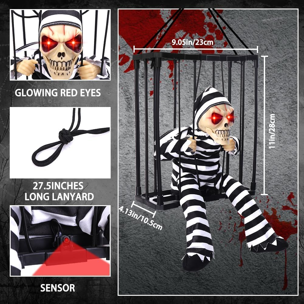 Halloween Decorations, Animated Hanging Screaming Ghostly Sound Skull Ghosts, LED Red-Eyed Scary Skull Prisoner Ghost Decorations, Spine-Chilling Haunted House Props, Indoor and Outdoor Party Supplies