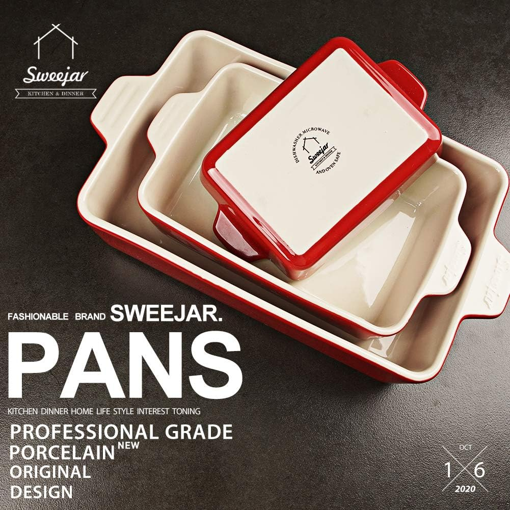 Sweejar Ceramic Bakeware Set, Rectangular Baking Dish for Oven Lasagna Pans for Cooking, Kitchen, Cake Dinner, Banquet and Daily Use, 11.8 X 7.8 X 2.75 Inches of Baking Pans (Red) image number 2