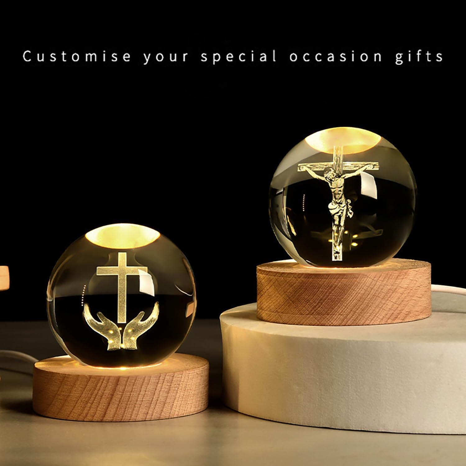 3D Crystal Ball Cross Night Light Desk Table Lamps, with Glowing Base, Laser Engraved Praying in Hand Crucifix Easter Decoration Christian Catholic Religious Gifts (Jesus Cross) - Biblical Cross image number 6