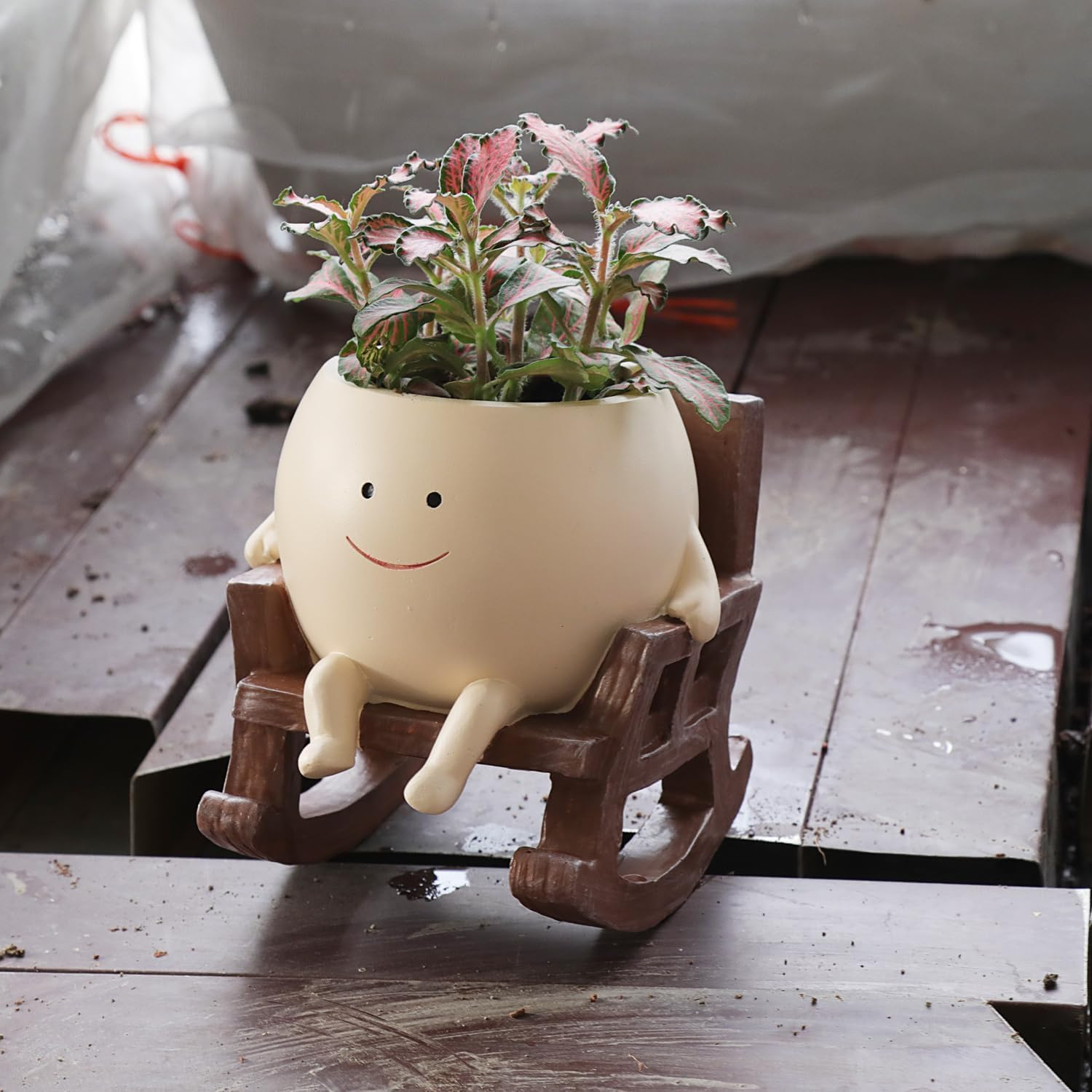 Smily Face Planter Pot Cute Resin Flower Head Planters for Indoor Outdoor Plants Unique Sit Rocking Chair Succulent Pots Gift Ideai for Mother and Appreciation Christmas with Drainage Hole