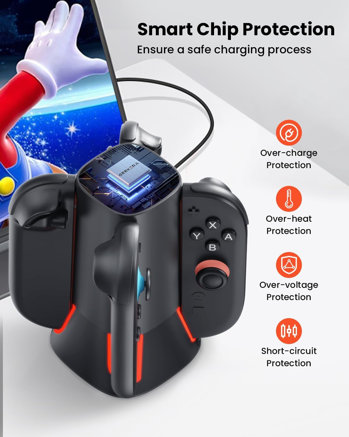 GEEKERA Charging Dock for Nintendo Switch 2 Joy Con, [4-In-1 Simultaneous Charging] [RGB Lights] Magnetic Controller Charger Station with Overcharge/Heat Protection, Include 3.3FT USB-C Cable image number 4