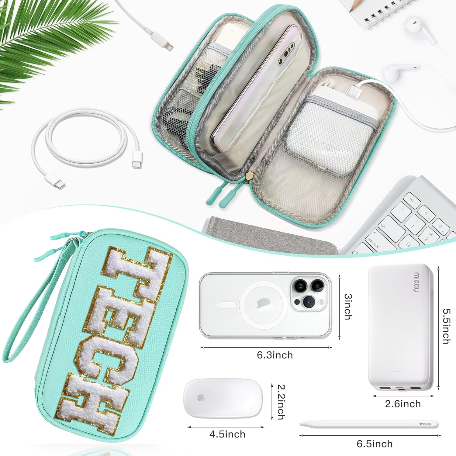 COSHAYSOO Electronics Organizer Bag Travel with Chenille Letter Patch TECH Traveling Must Have Accessories Cute Personalized Gift for Women Cable Cord Charger Storage Pouch (Greenish Blue) - Black-Scenic Spots image number 3