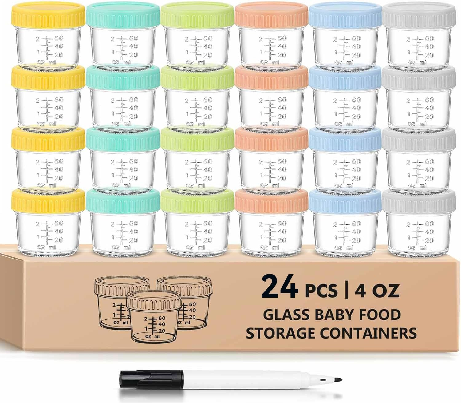 Yunking 24 Pack Glass Baby Food Storage Containers - 4 Oz Baby Food Jars with Lids Baby Food Maker Microwave Dishwasher Freezer Safe 100% Leak Proof BPA Free Reusable (24Pcs)