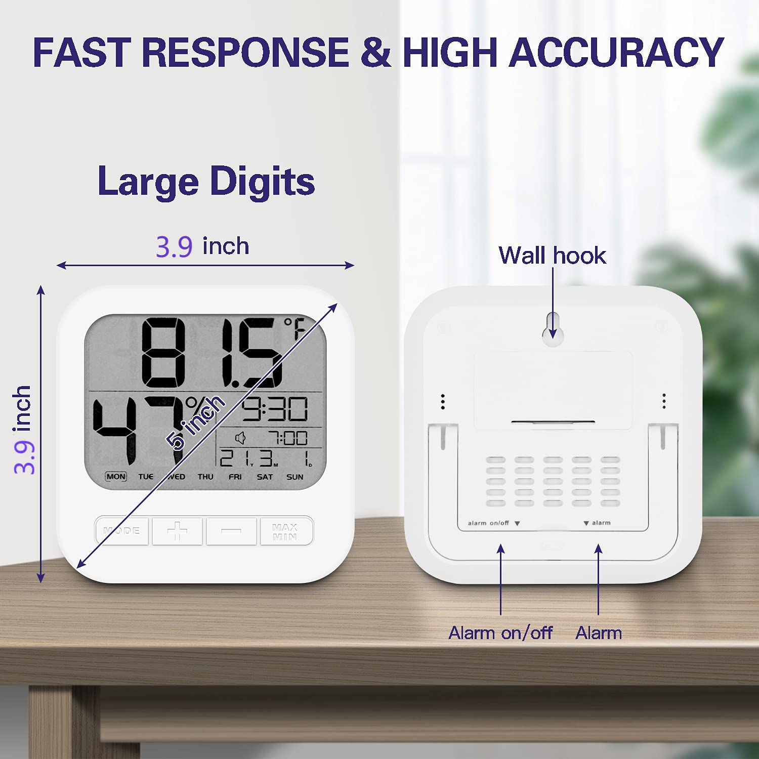 Indoor Digital Thermometer Hygrometer, Accurate Room Temperature Gauge Humidity Monitor with Alarm Clock- Easy to Read, Max/Min Records, LCD Display for Home Office image number 2