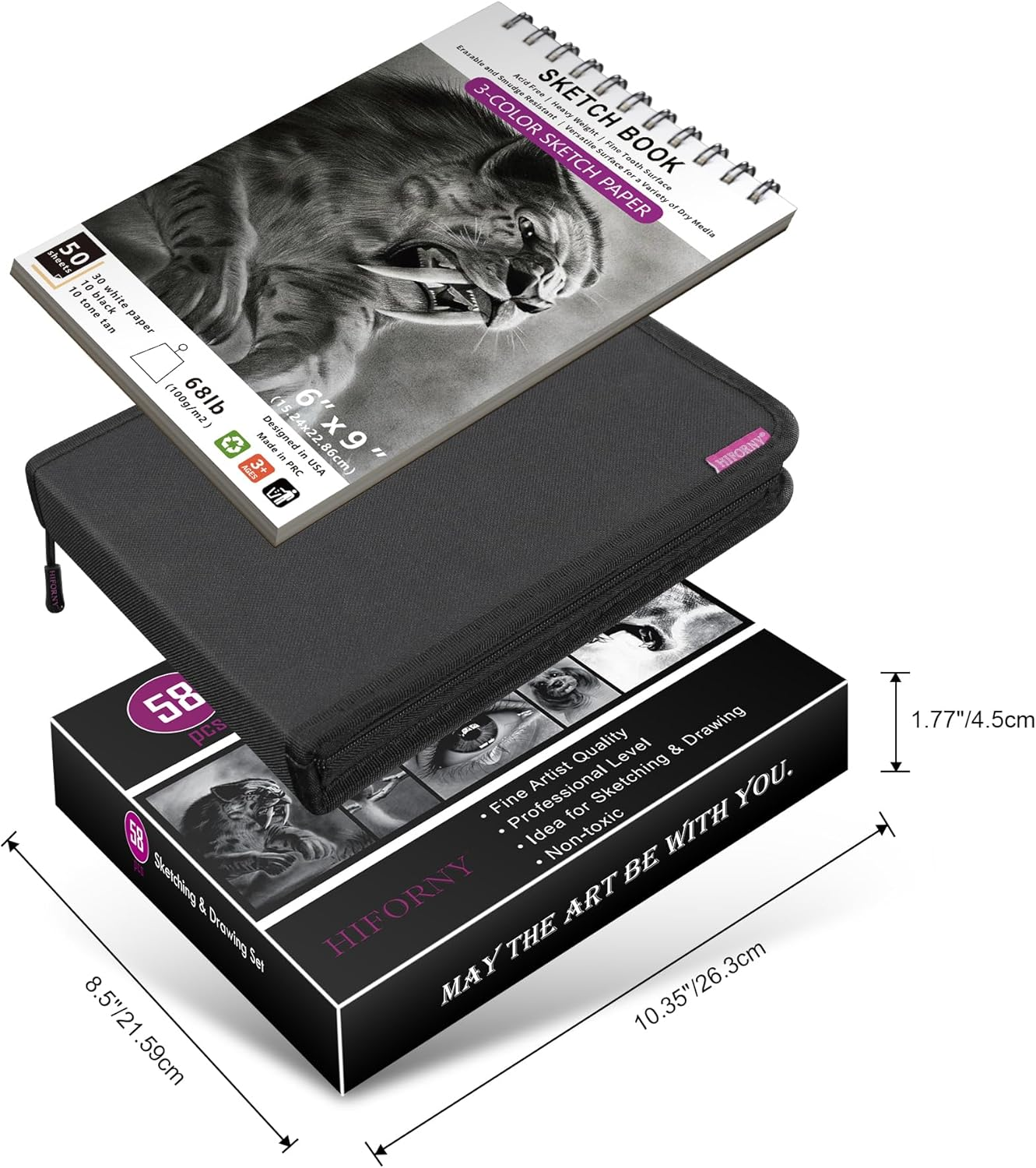 58 PCS Drawing Kit Sketching Pencil Set,Sketch Pencils Art Supplies with 3-Color Sketchbook,Graphite,Charcoal,Blending Tools,Drawing Pencils for Adults Artists image number 2