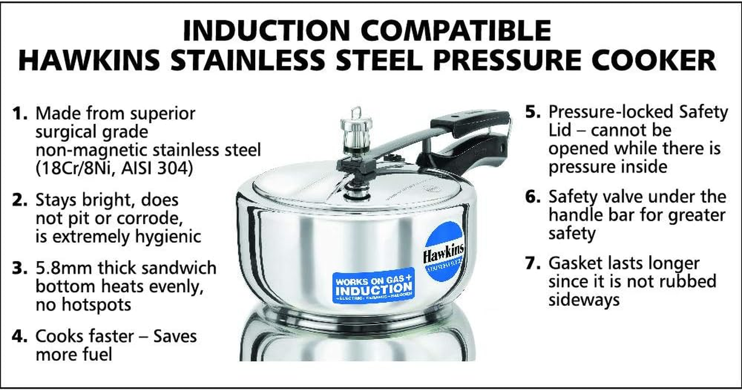 Hawkins Stainless Steel Induction Compatible Wide Pressure Cooker, 3 Litre Capacity, Silver image number 2
