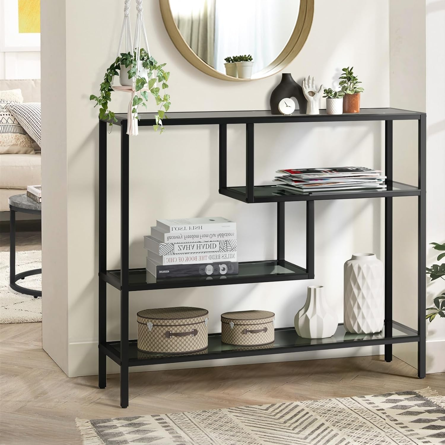 Oikiture Console Table Tempered Glass Sofa Table Hall Side Entry 4 Shelves Black