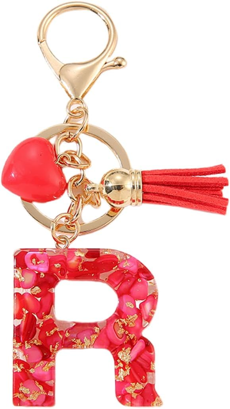 Gierzijia Red Stone Love Tassel A-Z Alphabet Resin Keychain, Initial Letter Key Ring Accessories Bag Charms image number 5