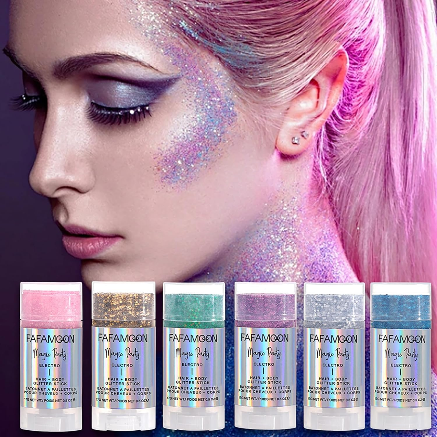 Face Chunky Glitter Gel, 6 Colors Hair Body Glitter Stick, Face Body Simmer Gel Kit, Glitter Nail Sequins Iridescent Flakes for Face Eye Hair Body Lip Festival Makeup Nail Art image number 5