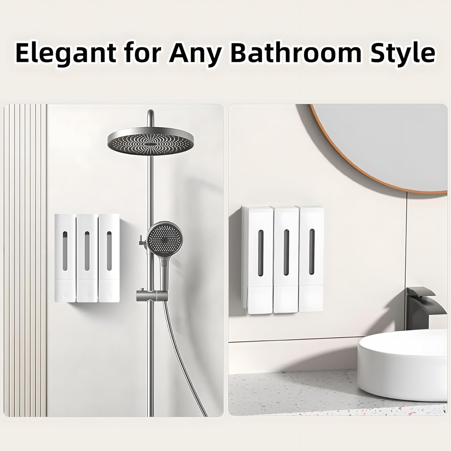 FORYUSE Shower Soap Dispenser Shampoo Conditioner Wall Mounted No Drill Body Wash Dispenser 3 Chamber for Home Bathroom Hotel 3 X 400Ml Large Capacity White image number 5